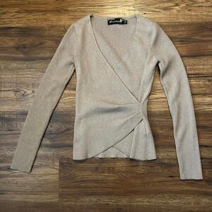 Silver Metallic Wrap Knit Top Y2K Shimmer‎ Long Sleeve Top Women S Minimalist
